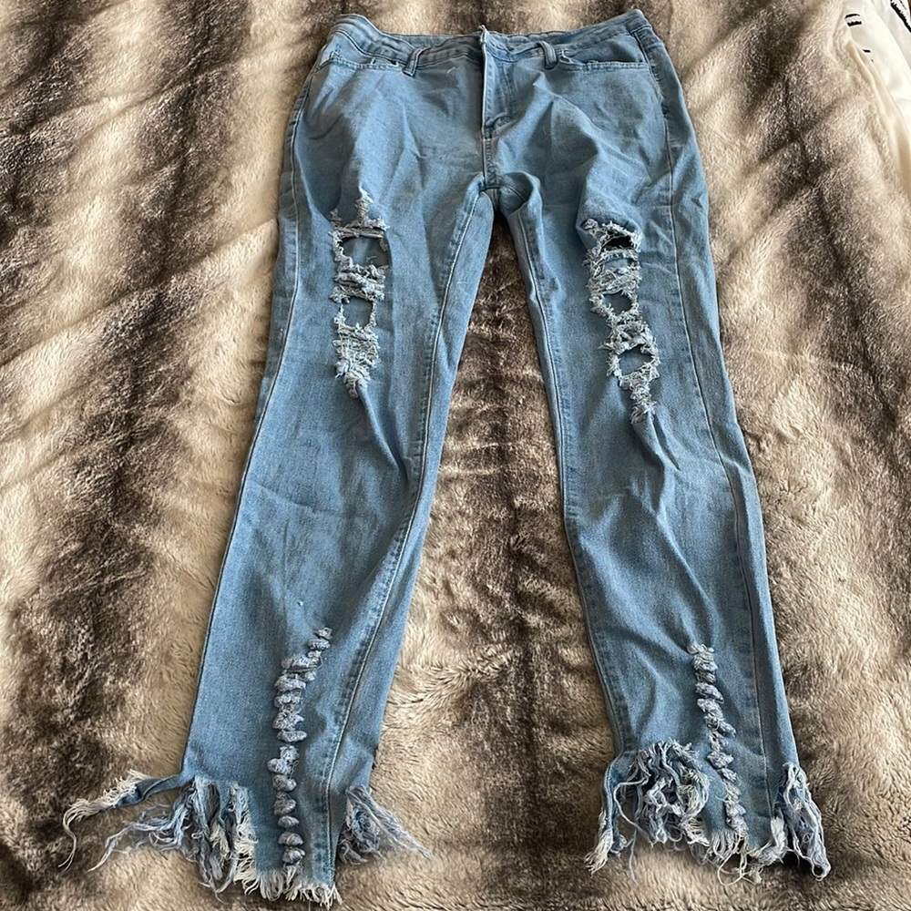 Blue Ripped Jeans with Fringe